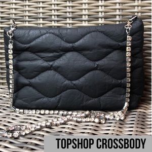 TopShop Puffer Crossbody Bag-Black with Detachable Jeweled Chain Strap-EUC